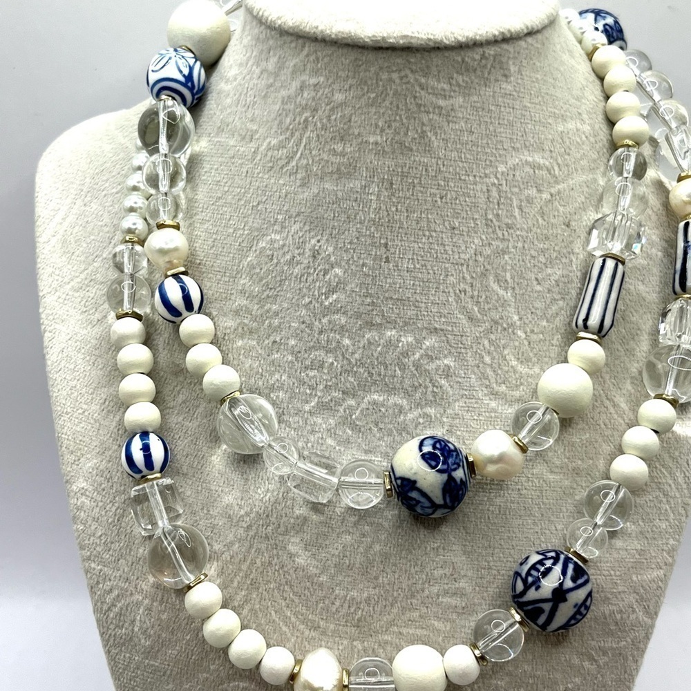 Chinese Blue White Porcelain Beaded Necklace Painted Beads Asian Jewelry Glass